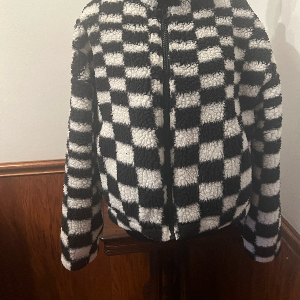 Black & White Checkered Sherpa Zip Jacket - Women's